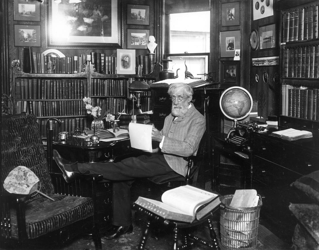 Henry Wood Booth, circa 1904. Photograph Collection of Cranbrook Archives (E222). Henry Booth is seated in his study in his home on Trumbull Avenue in Detroit, where Clara Booth and he lived before moving to the Cottage at Cranbrook. Henry Wood Booth, circa 1904. Photograph Collection of Cranbrook Archives (E222). Henry Booth is seated in his study in his home on Trumbull Avenue in Detroit, where Clara Booth and he lived before moving to the Cottage at Cranbrook.