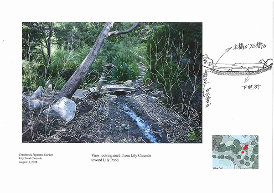 Hiromu Terashita, Sketch for the Lily Pond Cascade Rehabilitation, September 4, 2018. Courtesy Cranbrook Center for Collections and Research.